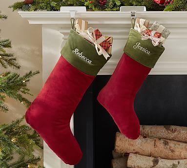 Classic Velvet Personalized Stockings - Red with Green Cuff | Pottery Barn (US)