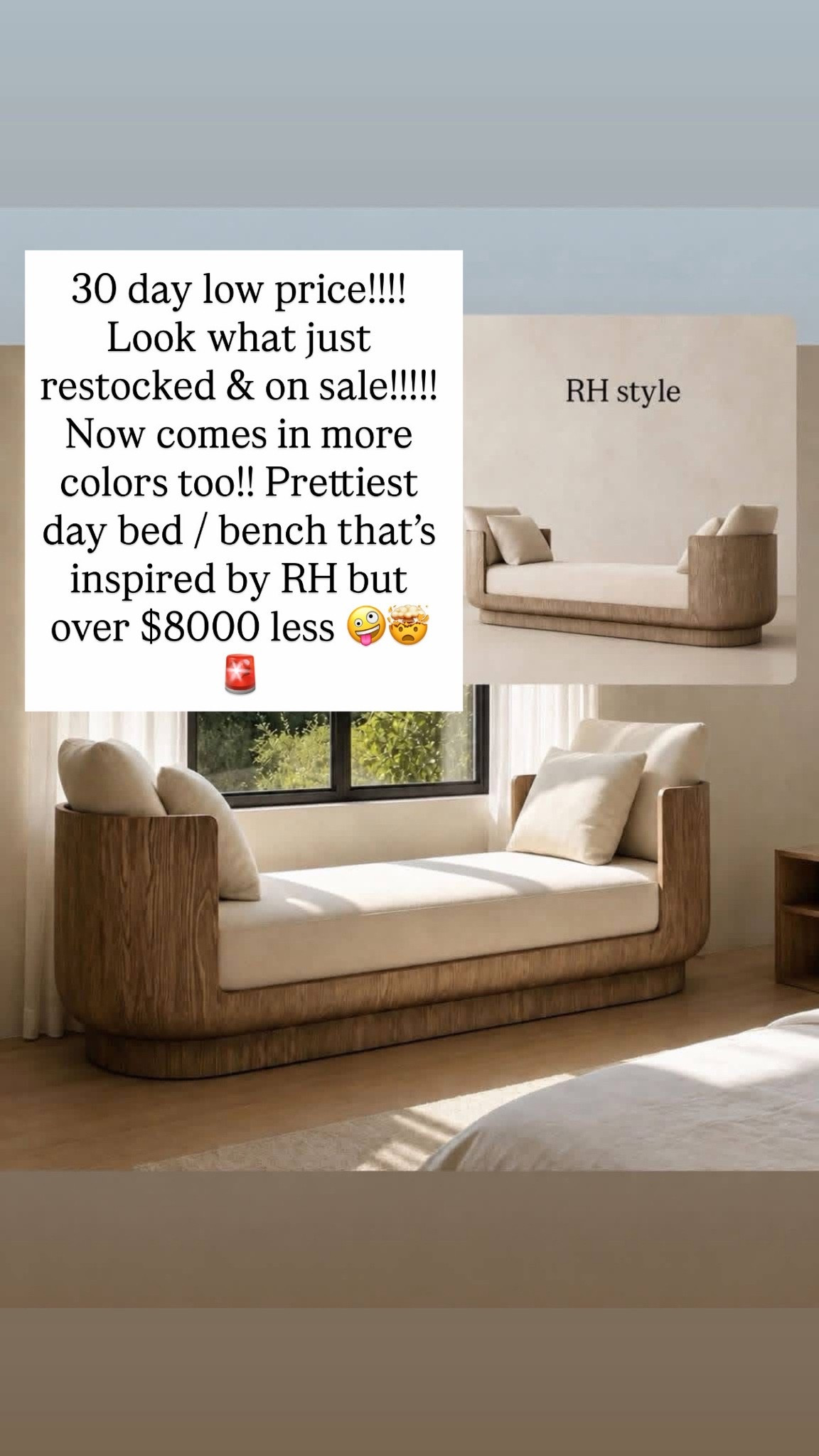 30 day low price!!!! Look what just restocked & on sale!!!!! Now comes in more colors too!! Prettiest day bed / bench that’s inspired by RH but over $8000 less 🤪🤯🚨