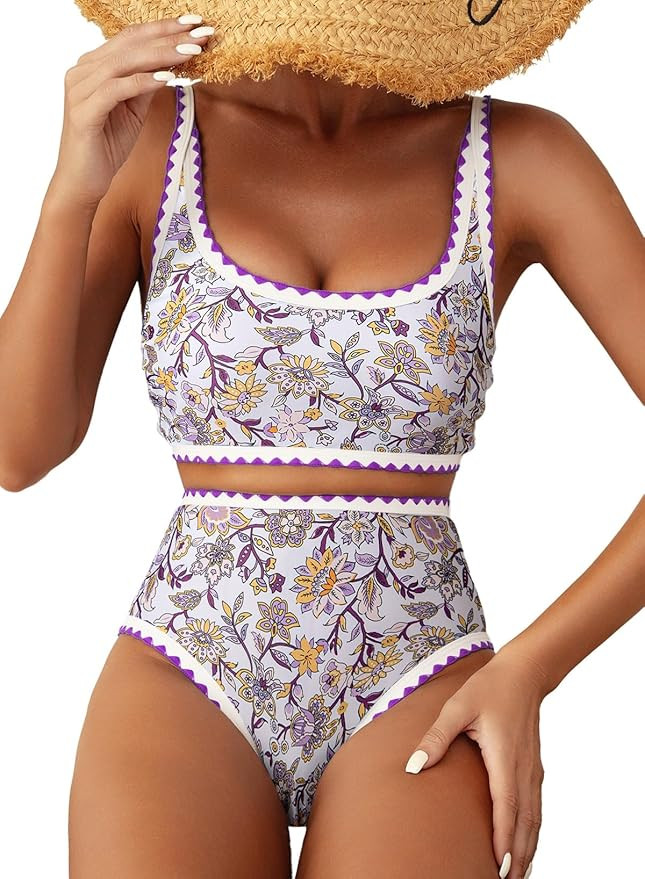 Herseas Women's Bikini Sets Floral Print Whip Stitch 2 Piece Swimsuits High Waisted Scoop Bathing... | Amazon (US)