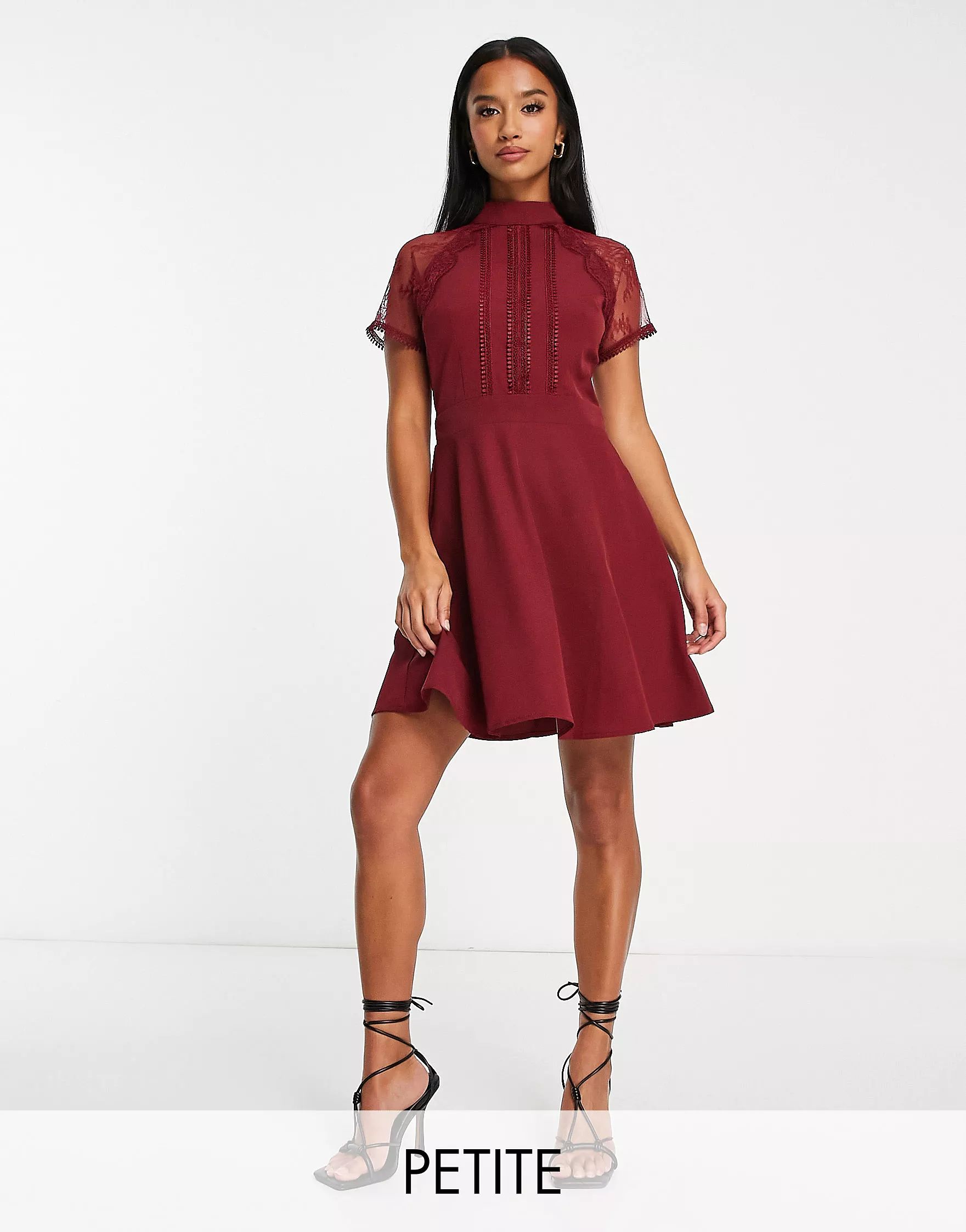 Liquorish Petite a line lace detail mini dress in red | ASOS (Global)
