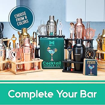 Mixology Bartender Kit - 8-Piece Silver Cocktail Shaker Set with Pine Wood Stand, Recipe Cards, a... | Amazon (US)