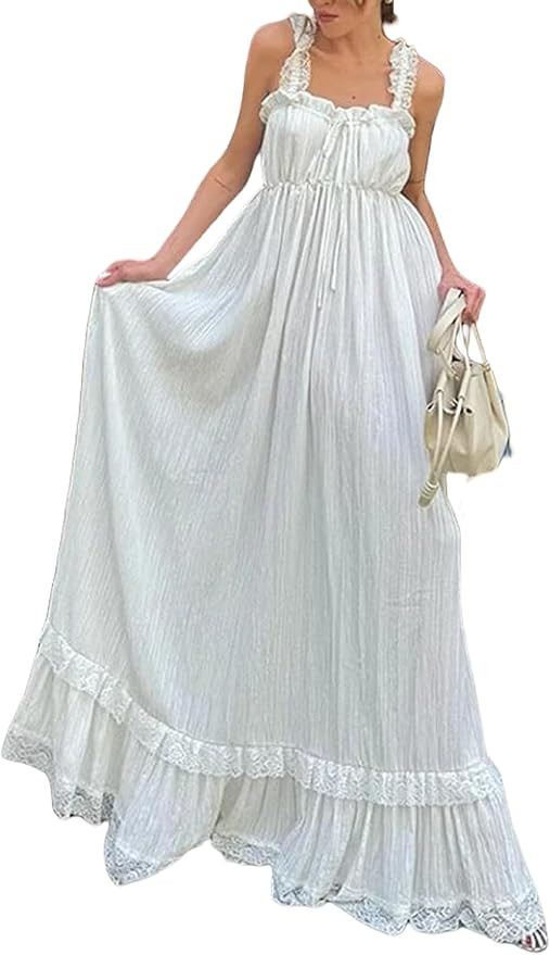 NUFIWI Women White Tiered Cami Long Dress Lace Trim Ruffle Flowy Maxi Dress Sleeveless Swing High... | Amazon (US)