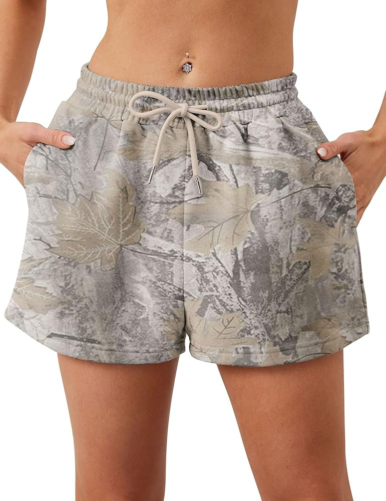 Women Camo Sweat Shorts Casual Elastic Waist Lounge Shorts Drawstring Maple Leaf Print Athletic S... | Amazon (US)
