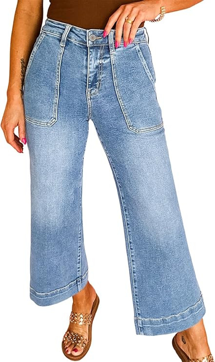 Astylish Women's 2026 Stretchy Wide Leg High Waisted Jeans Tummy Control Casual Cropped Ankle Den... | Amazon (US)