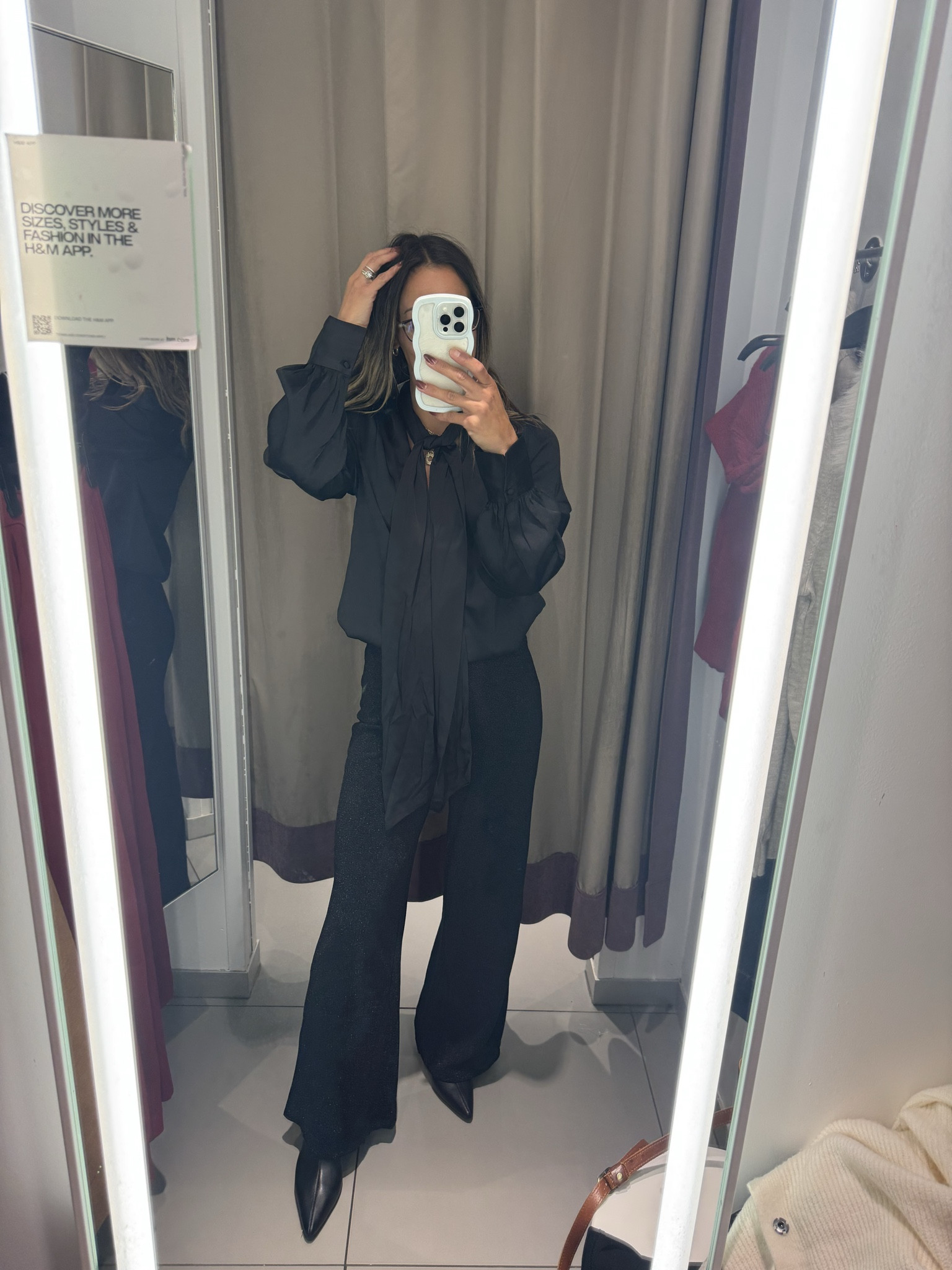 All black holiday outfit with a little shimmer ✨ perfect for the holidays! 

XS top & bottom (shoes run tts) 

sleek | comfortable | elevated | silky 
Shimmer | Christmas | holiday | holiday photos | family photos | H&M | black blouse | pointy black boots | office party | holiday party 

#LTKShoeCrush #LTKFindsUnder100 #LTKHoliday