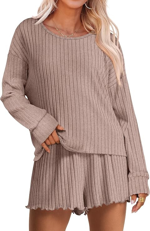 ANRABESS Women's 2 Piece Lounge Pajama Sets Casual Ribbed Long Sleeve Top Matching Shorts Sleepwe... | Amazon (US)