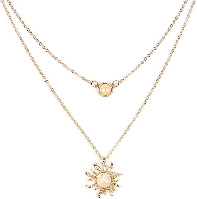 COLORFUL BLING Double Chains Moon and Sun Layered Choker Necklace Sunflower Opal Pendant Necklace... | Amazon (US)
