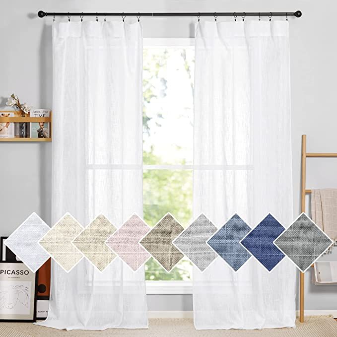 RYB HOME White Curtains Linen Textured Sheer Light Filtering Semi Sheer Curtains 84 inches Long H... | Amazon (US)