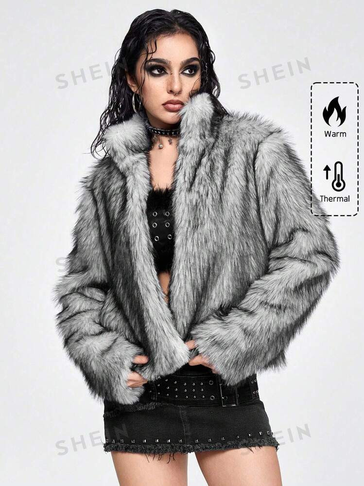 ROMWE Grunge Punk Snow Outfit Wasteland Grunge Vintage Faux Fur Fleece Jacket | SHEIN