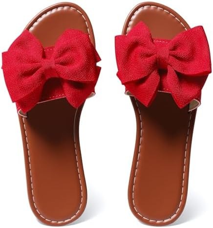 Women's Round Toe Bow Flat Sandals, Soft Slides Open-Toe Summer Slippers | Amazon (US)