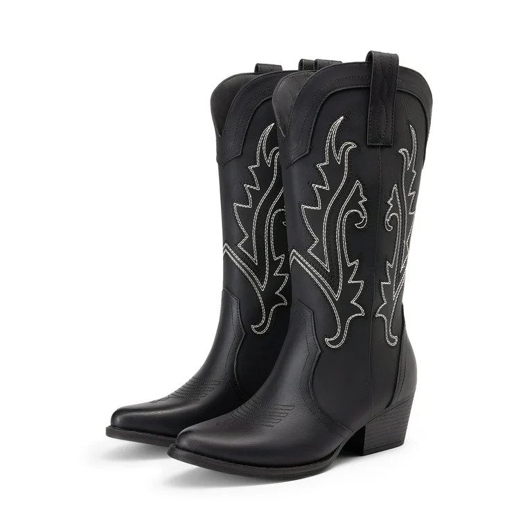 DREAM PAIRS Women's Western Cowboy Cowgirl Boots Square Toe Embroidery Mid Calf Booties | Walmart (US)