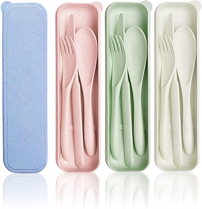 4 Sets Wheat Straw Cutlery,Portable Cutlery Reusable Spoon Knife Forks Tableware Set,Eco-Friendly... | Amazon (US)