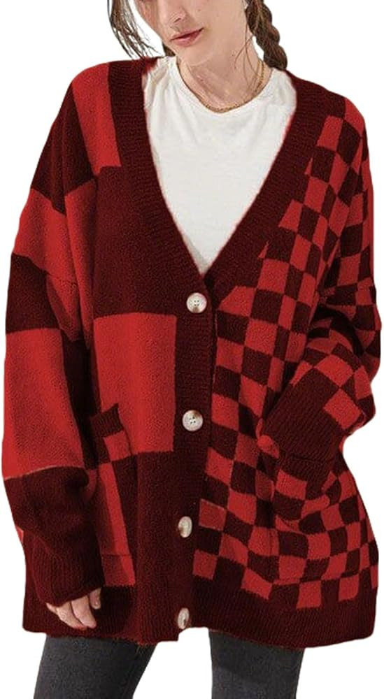 CHARTOU Women Slouchy Checkered Cardigan Oversized Open Front Cardigan Sweater Plaid Knit Outwear... | Amazon (US)