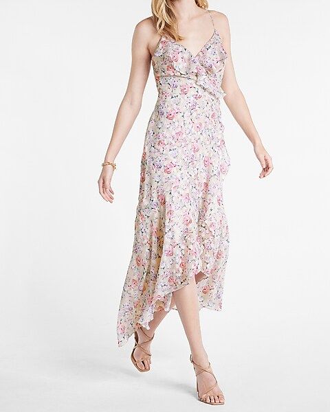 Floral Print Ruffle Faux Wrap Hi-Lo Maxi Dress | Express