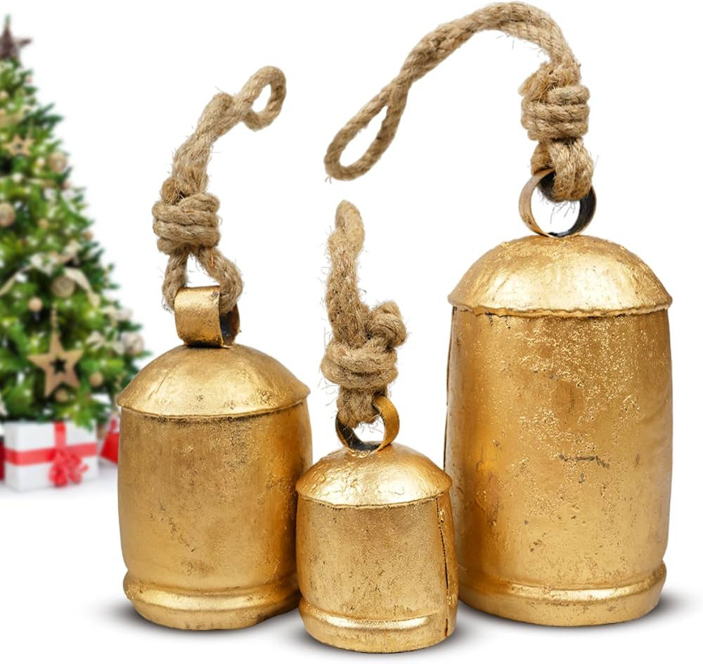 Set of 3 Rustic Gold Christmas Bells for Decoration - Perfect for Cow Bell, Door Hanging, Stairca... | Amazon (US)