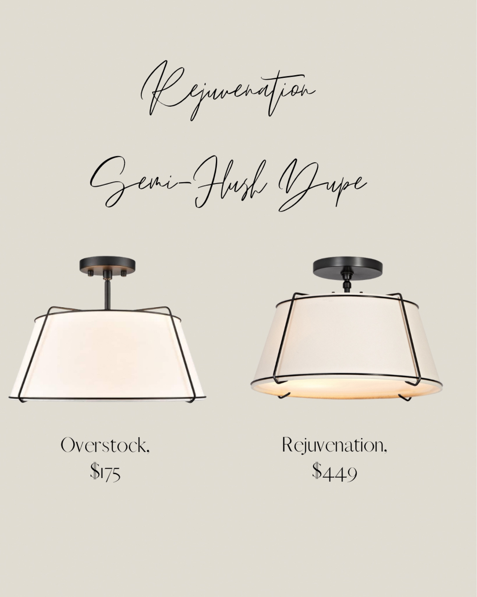 I have loved these Rejuvenation semi-flush and pendant lights for YEARS and I finally just came across a dupe on Overstock! Would be perfect for an entryway, laundry room, office, bedroom…!!!

The overstock version comes in brass or black with a white shade, while the Rejuvenation version is brass or black and has multiple shade options. 