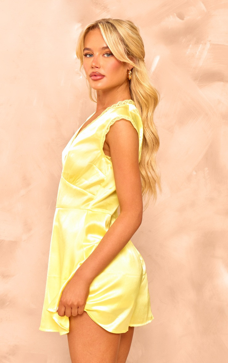 Lemon V Neck Lace Trim Satin Skort Playsuit | PrettyLittleThing UK