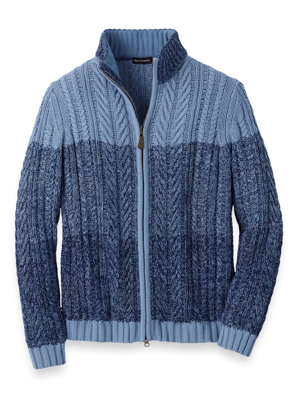 Cotton Cable Full Zip Mock Neck Sweater - Blue | Paul Fredrick MenStyle