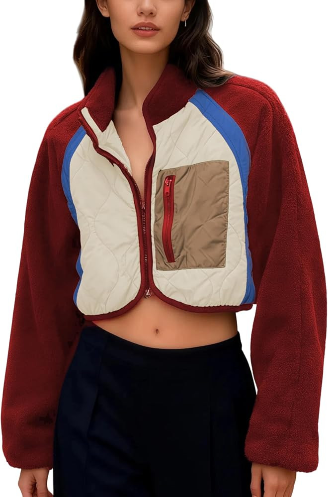 Womens Fuzzy Fleece Jacket Cropped Zip Up Long Sleeve Casual Outwear Warm Winter Patchwork Jacket... | Amazon (US)