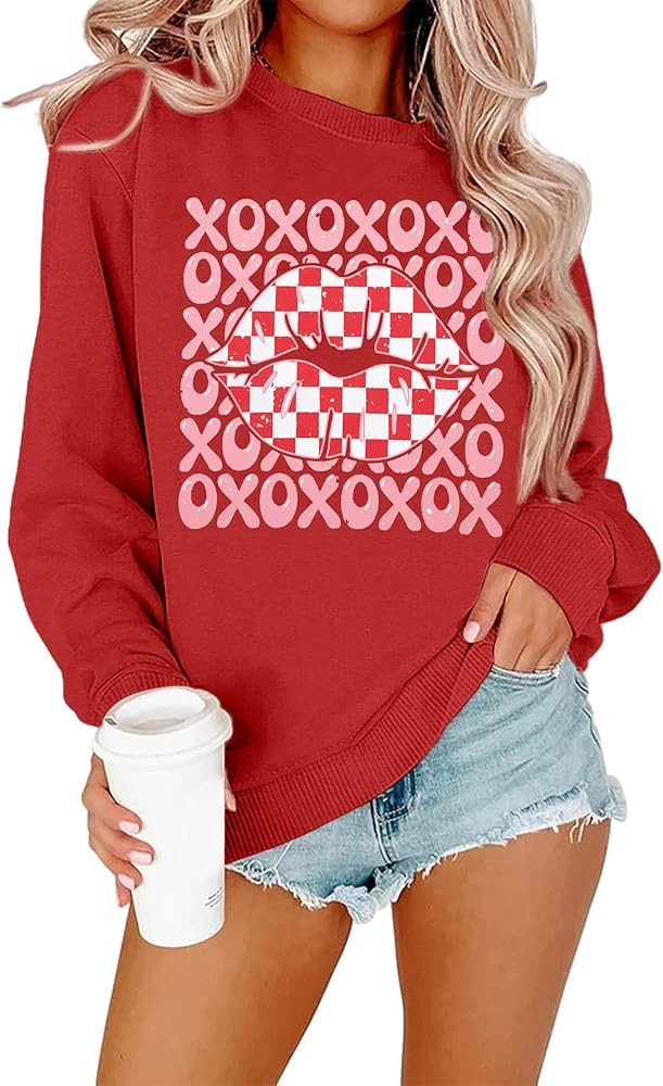 FAYALEQ Valentines Shirts for Women, Crewneck Sweatshirt with XOXO Lips Graphic, Valentines Day P... | Amazon (US)