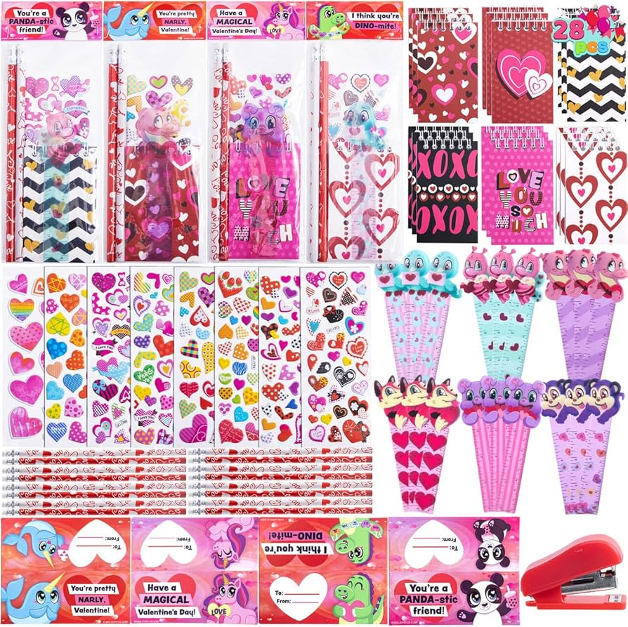 JOYIN 28 Packs Valentine's Day Stationery Set with Gift Card for Kids, Includes Pencils, Rulers, ... | Amazon (US)