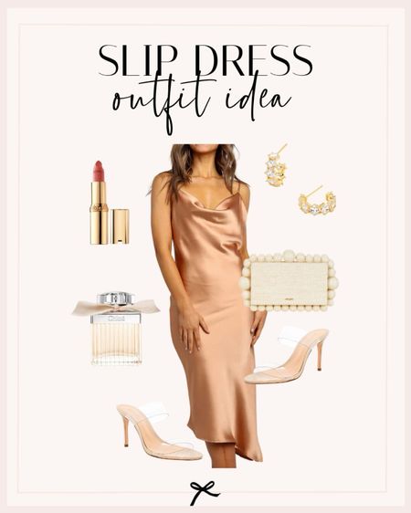 Slip dress outfit idea. I love this gold dress and clear strap heels. Pair it with gold statement earrings and favorite clutch for a wedding guest look. 

#LTKSeasonal #LTKstyletip #LTKwedding