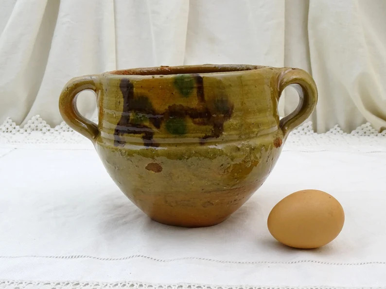 Vintage French Terracotta Pottery Confit Pot Rustic Bowl with 2 Side Handles in Ochre Glaze, Rura... | Etsy (US)