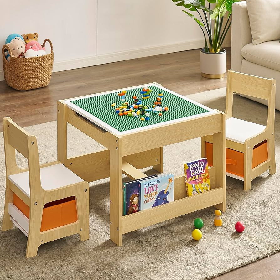 Kids Table and Chair Set, 4 in 1 Wooden Activity Table with Bookshelves and Storage Drawer, 2 in ... | Amazon (US)