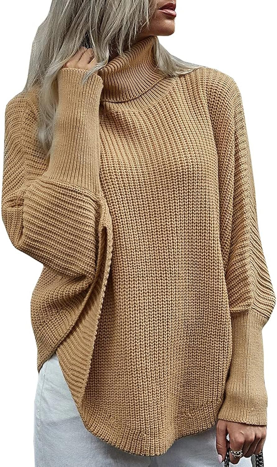 Women's Turtleneck Batwing Sleeve Loose Oversized Sweaters Chunky Knitted Pullover Sweater Jumper To | Amazon (US)
