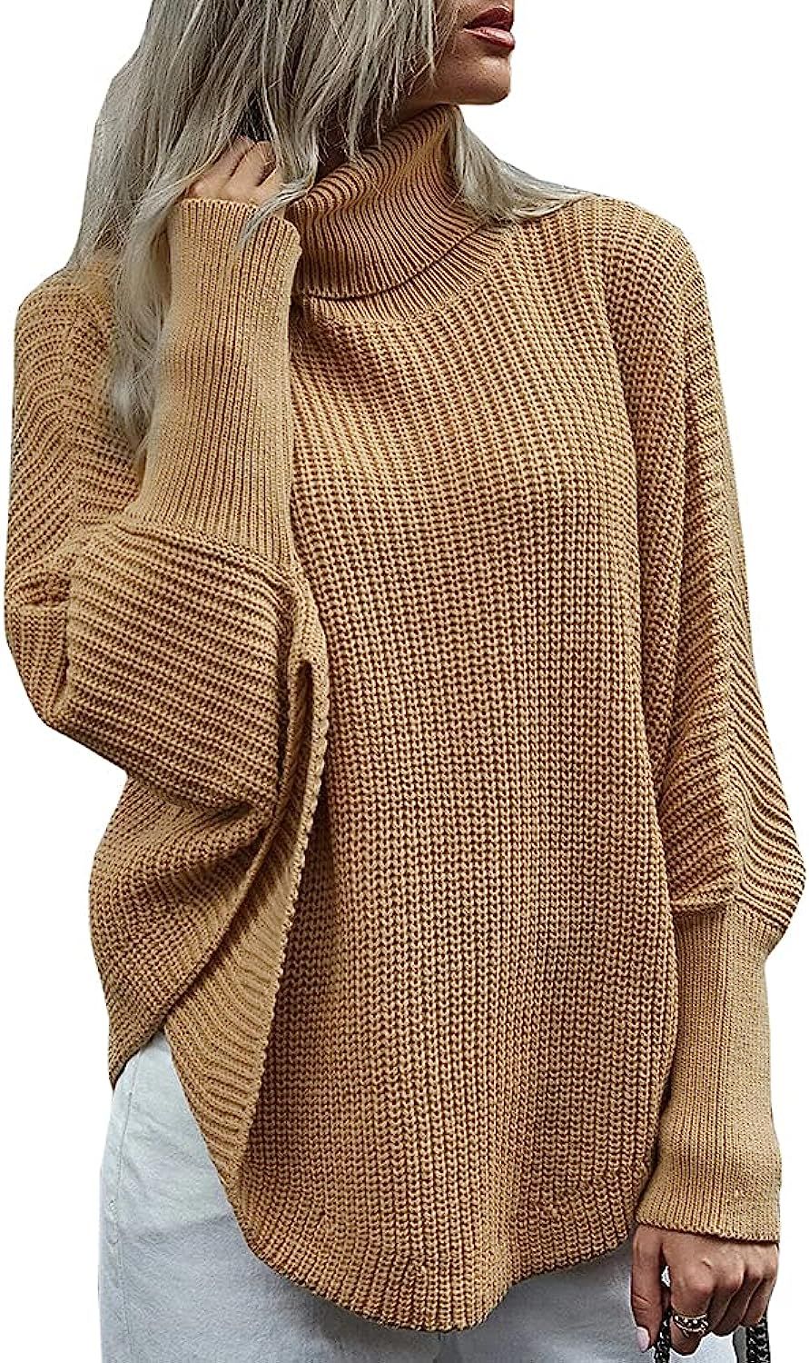 Women's Turtleneck Batwing Sleeve Loose Oversized Sweaters Chunky Knitted Pullover Sweater Jumper To | Amazon (US)