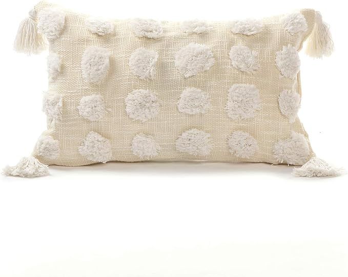 Ailsan Cotton Woven Lumbar Pillow Cover 12x20 Boho Decorative Cream White Spherical Tufted Pillow... | Amazon (US)