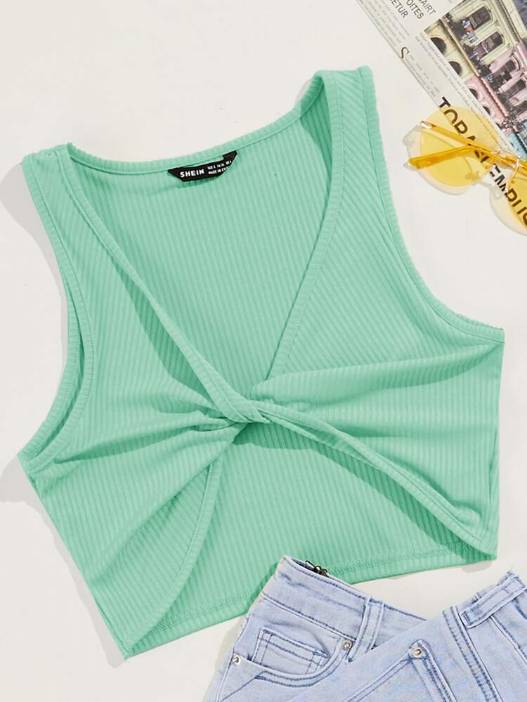 Twist Front Rib-knit Tank Crop Top | SHEIN