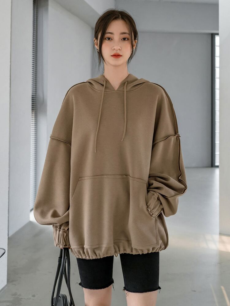 Dazy-Less Drop Shoulder Seam Detail Kangaroo Pocket Drawstring Hem Hoodie | SHEIN