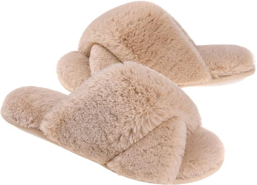 Fuzzy Slippers for Women Cross Band Slides Open Toe with Soft Plush Fluffy Fur Slip On Cozy Non S... | Amazon (US)
