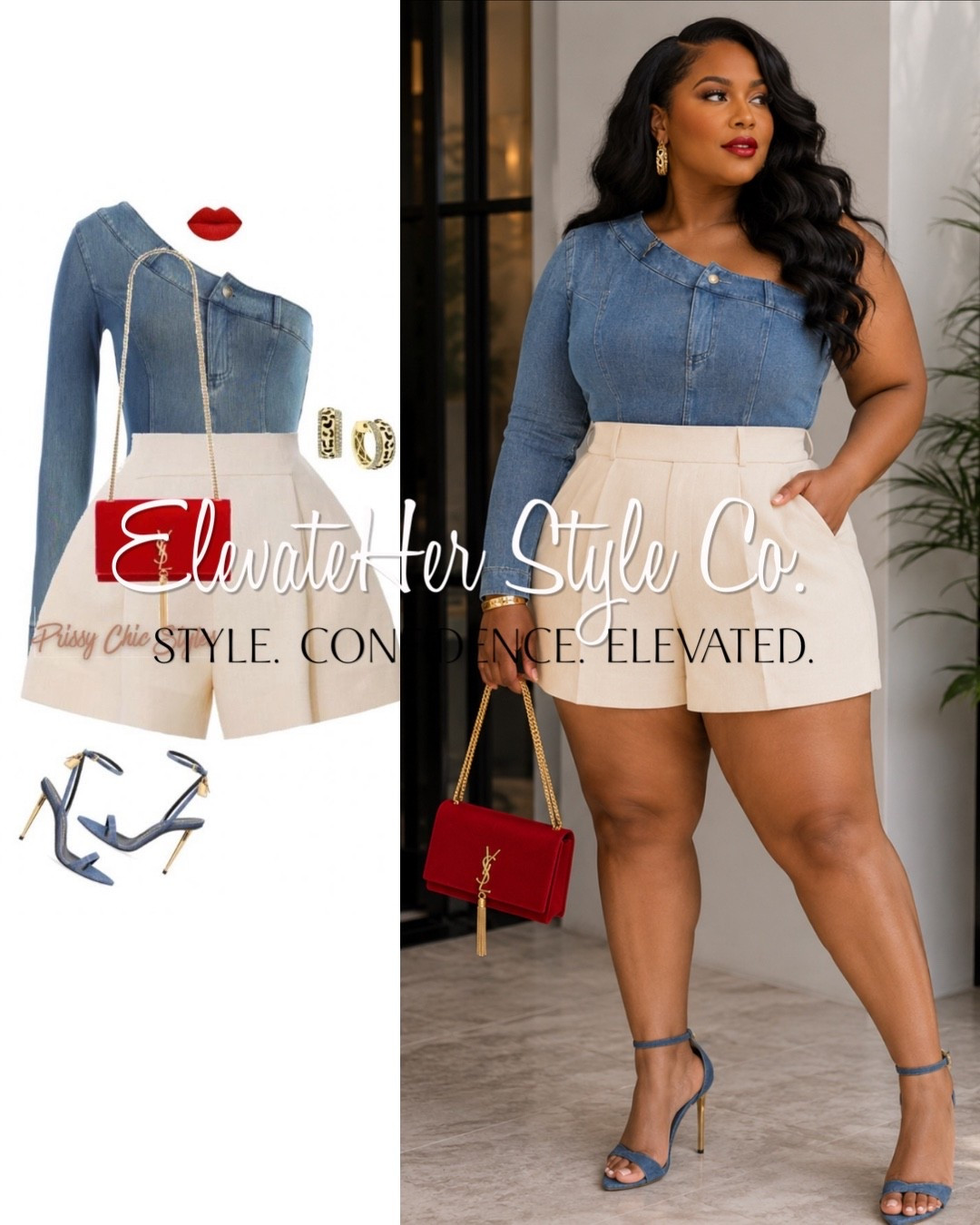 Pair structured shorts with an asymmetrical top to create a balanced, flattering silhouette. The light shorts soften the denim, while a bold red bag adds the perfect pop of color. Finish with delicate heels to elongate your legs and instantly elevate the entire look.

#LTKMidsize #LTKOver40 #LTKselfcare
