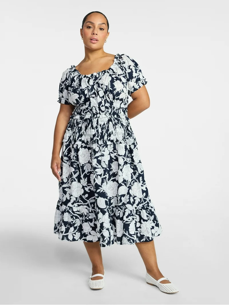 Time and Tru Women's Smocked Cotton Peasant Dress with Short Sleeves, Sizes XS-XXXL | Walmart (US)