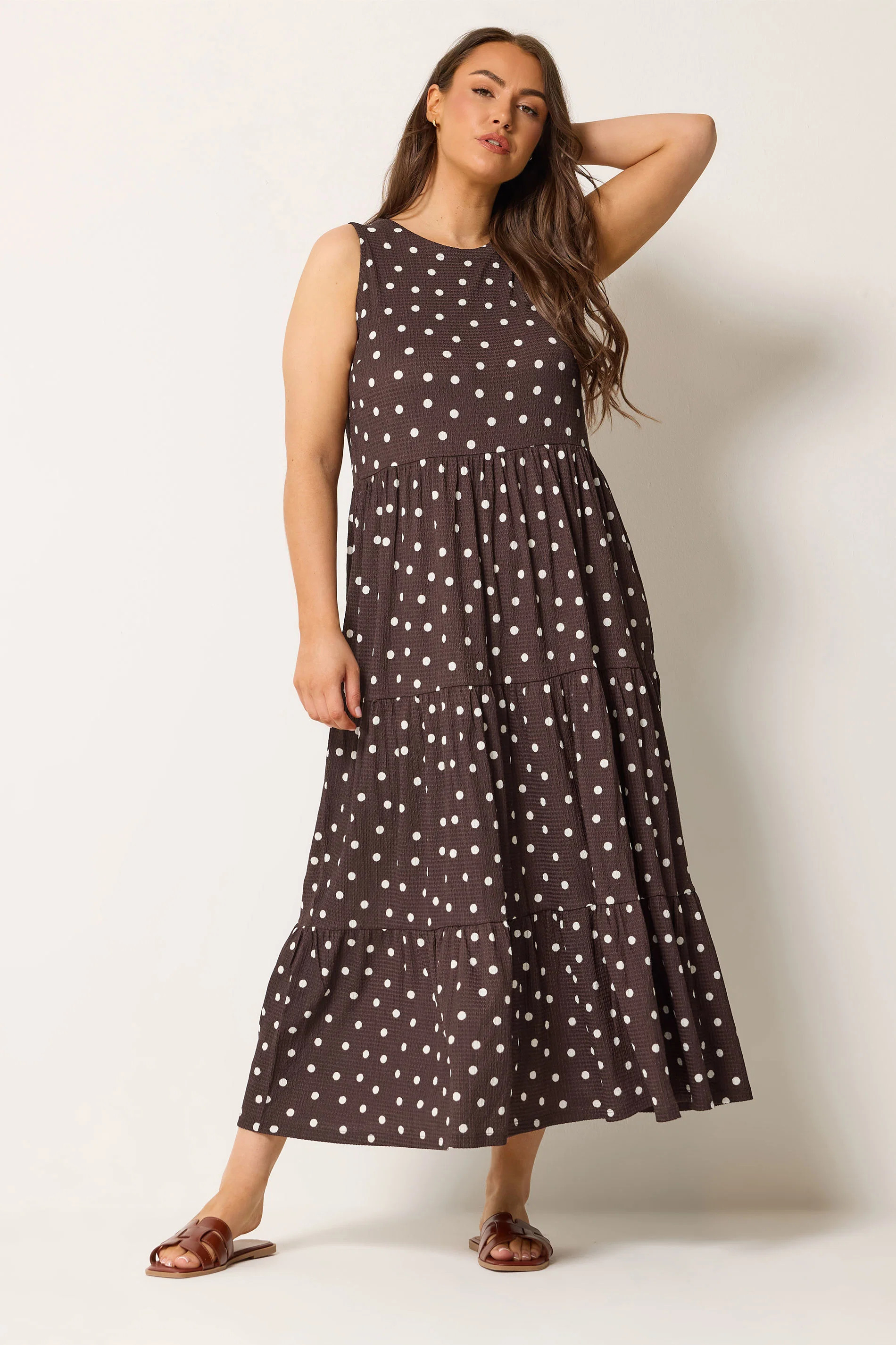 YOURS Plus Size Chocolate Brown Polka Dot Tiered Maxi Dress | Yours Clothing UK