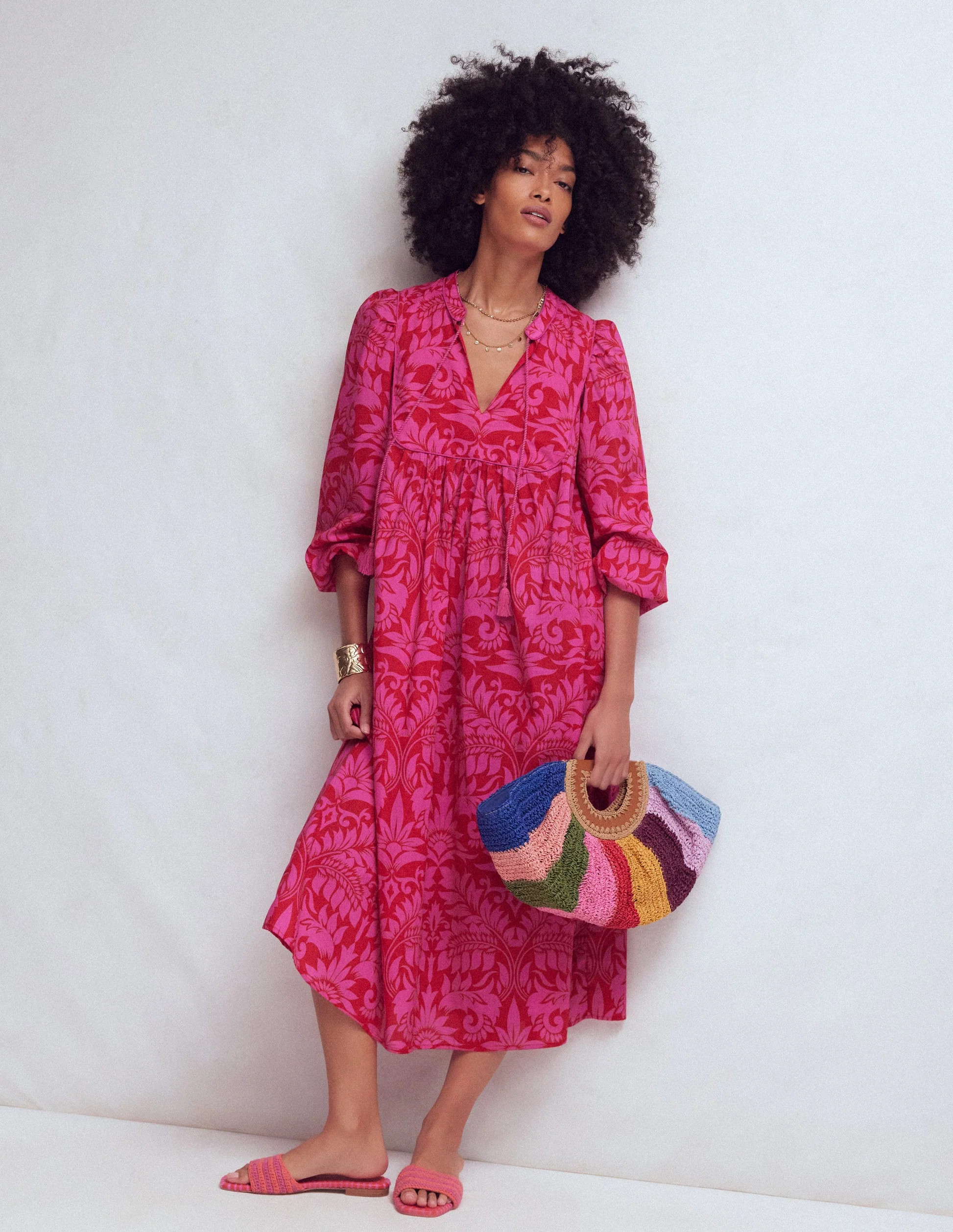 Boho Tie Neck Kaftan-Red Ornamental Foilage | Boden (US)