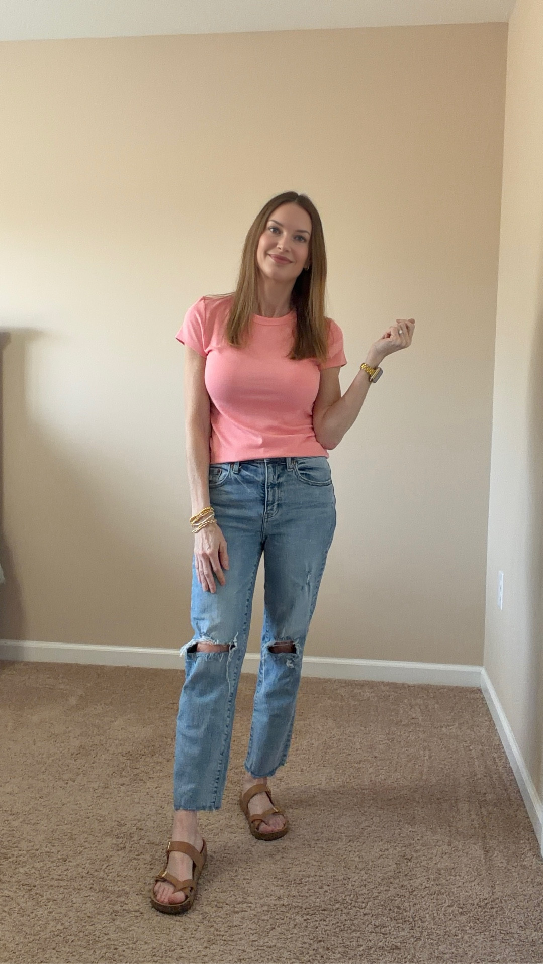 Casual outfit of the day because it’s 80° and sunny ☀️
Pink tee, ripped denim, sandals, sunnies, and my go‑to Bombshell scent — linking the pieces I reach for on warm, easy days.

#LTKootd #LTKOver40 #LTKPetite