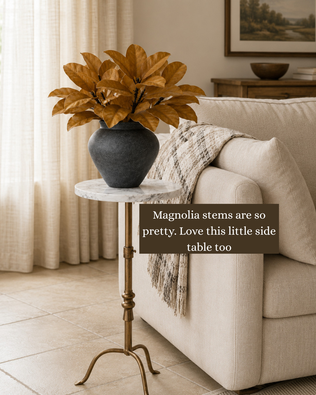 Magnolia stems are so pretty and perfect for fall. Love this little side table too 

 #LTKSeasonal #LTKHome #LTKSaleAlert