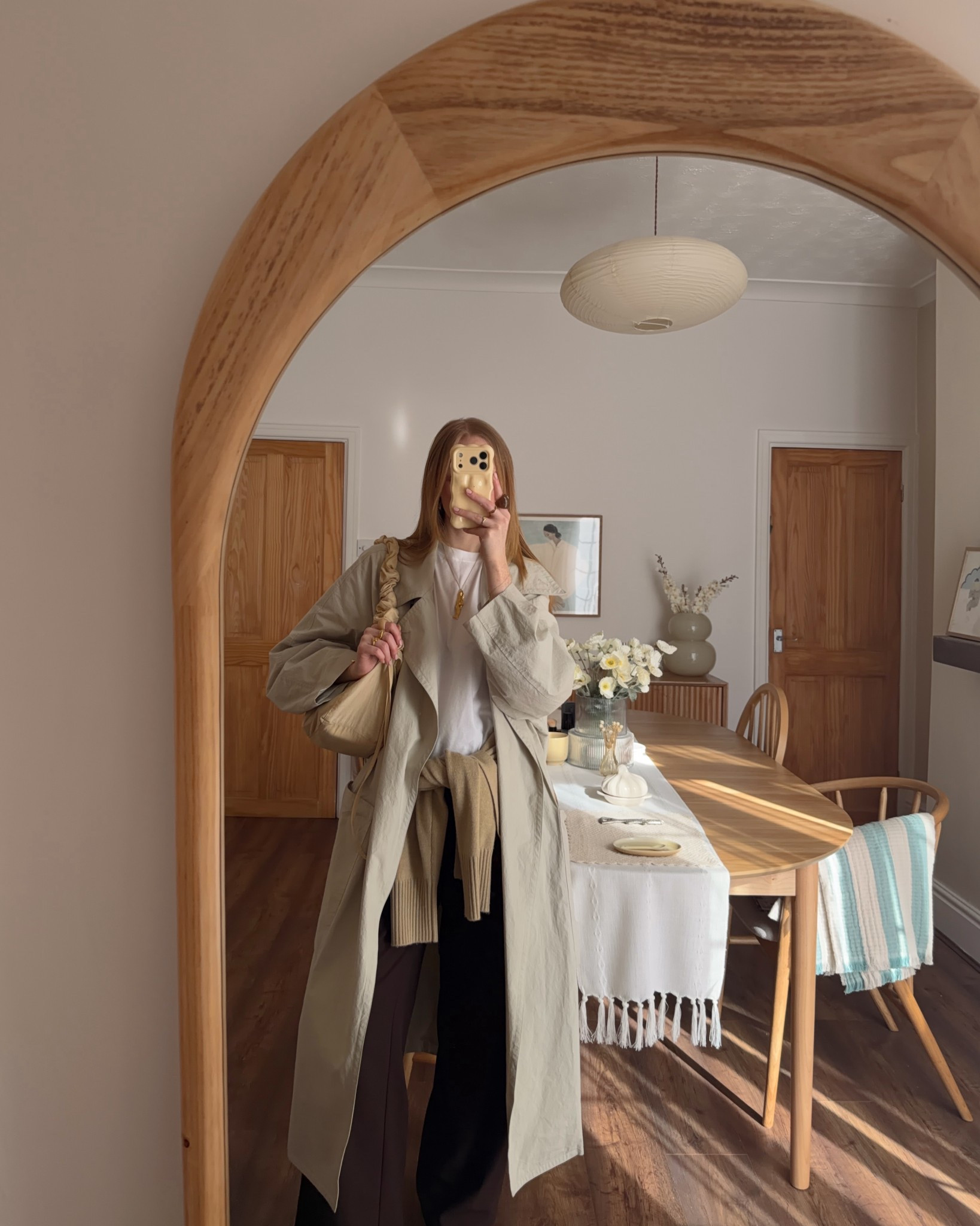 Trench Coat, Spring Coat, White T Shirt, Knitwear, Brown Trousers, Scrunch Bag  

#LTKspring #LTKuk