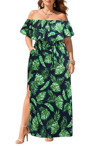 Hawaiian Dress Plus Size Tropical Off Shoulder Maxi Palm Leaf Summer Casual Beach Vacation Sundresses Slit Long Pockets | Amazon (US)