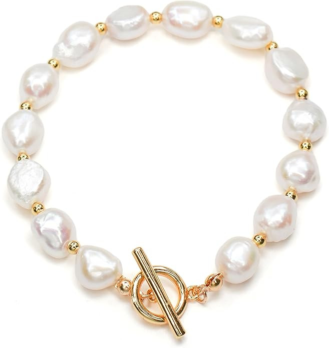 Irregular Baroque Pearl Bracelets Pearl Bangle 18K Gold Plated Buckle Freshwater Pearl Bracelets ... | Amazon (US)