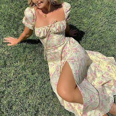 Women's Summer Puff Sleeve Floral Split Maxi Dress Flowy A Line Casual Beach Long Dresses Lace Up High Splitting Maxi Dress Elegant Square Neck Boho S | SHEIN