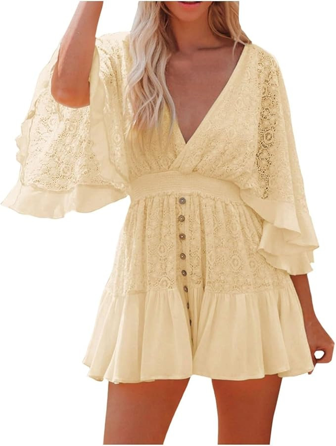 Pinklaura Lace Romper Dress, Women's Sexy Backless Dress with Batwing Sleeves, V-Neck Summer Beac... | Amazon (US)