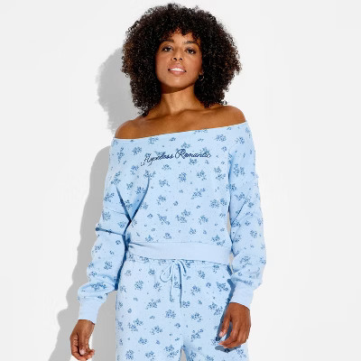 Women's Off the Shoulder Graphic Pullover Sweatshirt - Light Blue Floral | Target
