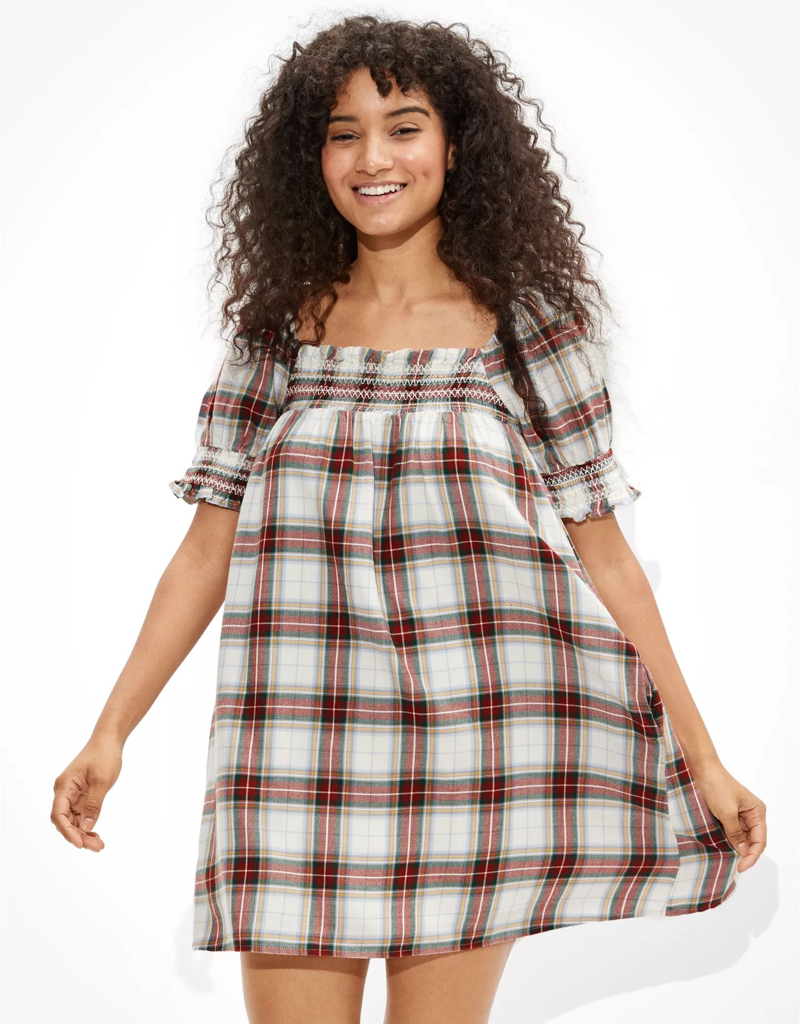 AE Plaid Smocked Puff-Sleeve Babydoll Dress | American Eagle Outfitters (US & CA)