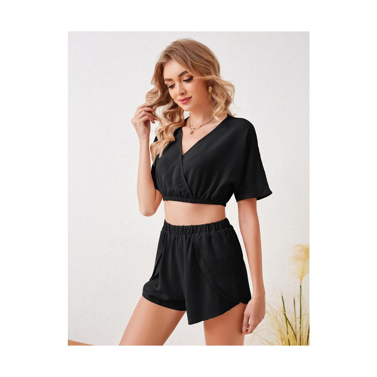 Women's 2 Piece Outfits Summer V Neck Short Sleeve Crop Top and High Waist Shorts | Target