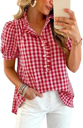 Women's Short Puff Sleeve Button Down Shirts Striped Plaid Ruffle Stand Collar Shirt Summer Tops ... | Amazon (US)