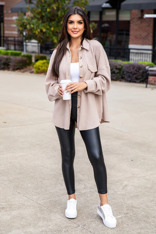 Change The Game Oatmeal Waffle Knit Shacket | Pink Lily